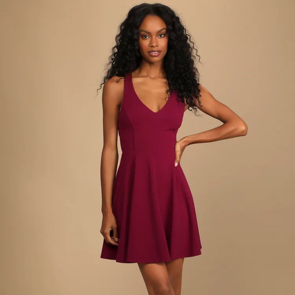 Katrina Burgundy Strappy Backless Skater Dress (worn once)(size small)